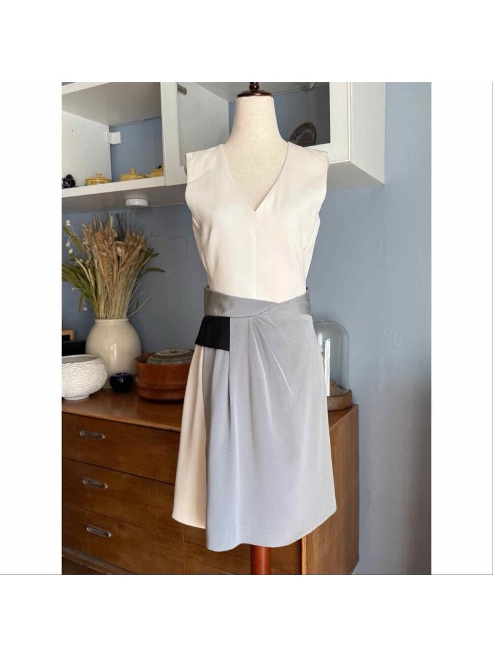 J. Mendel Gathered Sheath Dress Colorblock Ivory Gray Black Size 6